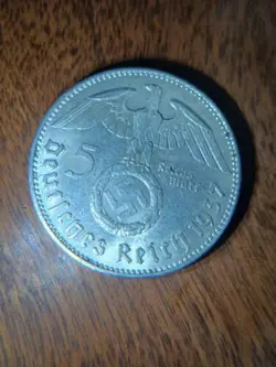 1937 J 5 REICHS MARK GERMAN WW2 (HINDENBURG SILVER COIN) #2
