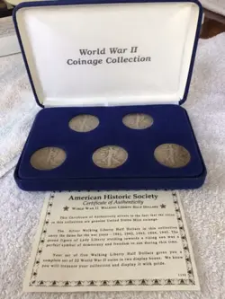WW2. U S COINAGE COLLECTION OF 5 WALKING LIBERTY HALF DOLLARS