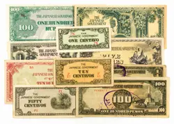 10 DIFF. WW2 BURMA, PHILIPPINES, MALAYA 1940'S JAPANESE INVASION PAPER MONEY