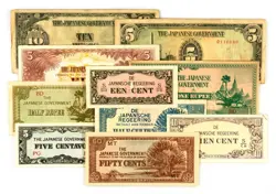 10 DIFF. WW2 BURMA, PHILIPPINES, MALAYA, NEI 1940'S JAPANESE INVASION MONEY