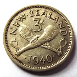 1940 WW2 .500 SILVER 3D THREE PENCE PATU COIN NEW ZEALAND GEORGE VI KING EMPEROR