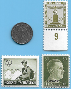 GERMANY WW2 1940 D 5 RPF SWASTIKA COIN & HITLER SWASTIKA STAMP LOT WW2 ERA  #30