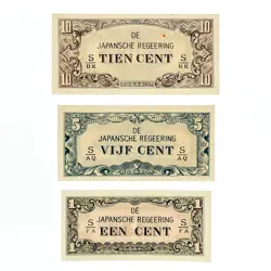 SET OF 3 DIFF. JAPAN INVASION NETHERLANDS EAST INDIES WW2  1, 5, 10C XF-UNC.