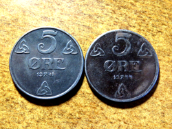 TWO  NORWAY 5 ORE COINS HAAKON VII WW2 GERMAN OCCUPATION  1941 1944 F2