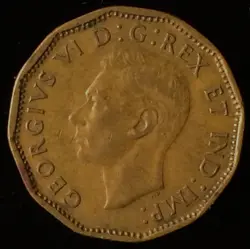 1943 CANADA TOMBAC 5 CENTS WITH V FOR VICTORY IN WW2, KING GEORGE VI
