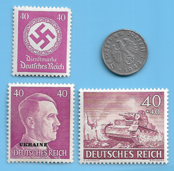 GERMANY WW2 1942 G 1 RPF SWASTIKA COIN & HITLER SWASTIKA STAMP LOT WW2 ERA  #40