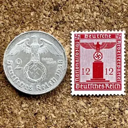 1938E NAZI GERMANY 2 SILVER REICHSMARK WW2 SWASTIKA COIN & DEUTSCHES REICH STAMP