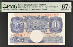 £1 WAR BANK ENGLAND NOTE PEPPIATT B249 367A PMG 67 1940-1948 PINK & BLUE WW2