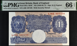 £1 WAR BANK ENGLAND NOTE PEPPIATT B249 367A PMG 66 1940-1948 PINK & BLUE WW2