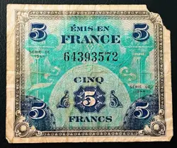 1944 FRANCE ALLIED MILITARY PAYMENT CERTIFICATE 5 FRANCS MPC WW2 FRENCH CURRENCY
