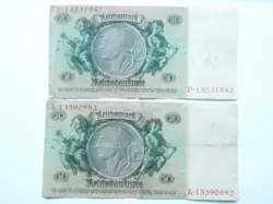 GERMAN BANKNOTE 2X 50 REICHSMARK 1933 3RD REICH WW2 MONEY BILL MILITARY STAMPED