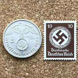 1937F NAZI GERMANY 2 SILVER COIN REICHSMARK WW2 & SWASTIKA DEUTSCHES REICH STAMP