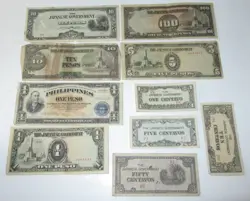 10 WW2 JAPANESE ISSUE NOTES PHILIPPINES OCCUPATION 1-100 PESOS 1-50 CENTAVOS