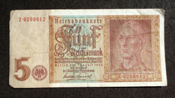 OLD BANKNOTE OF THIRD REICH GERMANY 5 REICHSMARK 1942 WORLD WAR II Z*9299612