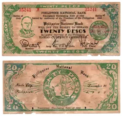 PHILIPPINES 1942 ILOILO 20 PESOS S315 1ST PRINTING GUERILLA MONEY WW2 ISSUED AU