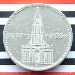 GERMAN 2 REICHSMARK 1934 D POTSDAM CHURCH SWASTIKA DATE SILVER COIN 3RD WW2 MARK