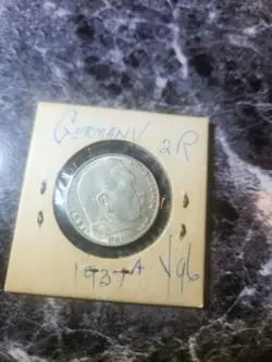1937 A GERMAN 2 REICHSMARK COIN, WW2, VON HINDENBURG, SWASTIKA, SILVER LOT#54