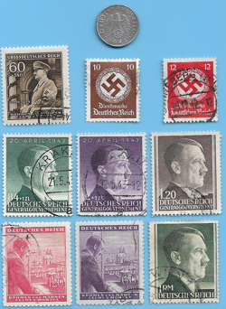 GERMANY WW2 1942 G 1 RPF SWASTIKA COIN & HITLER STAMP LOT WW2 ERA  #49