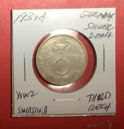 1939A $2 SILVER MARK GERMANY THIRD REICH SWASTIKA WORLD WAR 2! OLD GERMAN COIN!