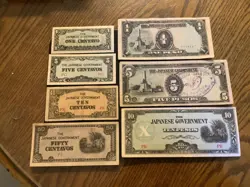 PHILIPPINES 1942 WW2 (JAPANESE OCCU.) CENTAVO/PESOS CRISP 7 BANKNOTE LOT N1542