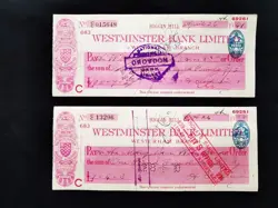VINTAGE CHEQUE WW2 1938 1941 WESTMINSTER BANK WESTERHAM FENCHURCH ST CRO BIG X 2