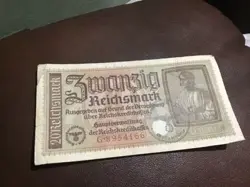 CURRENCY GERMANY 1940 WW2 FASCISM WAR ERA 20 REICHSMARK STAMPED  CIRCULATED