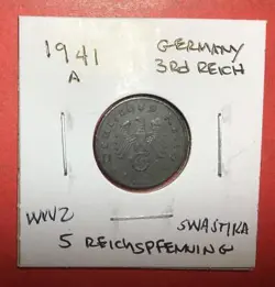 1941A GERMANY THIRD REICH SWASTIKA WORLD WAR 2! 5 PFENNIG! SWASTIKA! OLD COIN!