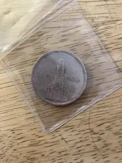 1934 E - 5 REICHSMARK GERMAN SILVER COIN - POTSDAM GARRISON CHURCH, WW2, KM# 82