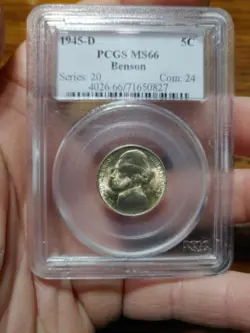 1945-D JEFFERSON SILVER WW2 NICKEL HIGH-GRADE GEM PCGS MS66 PCGS