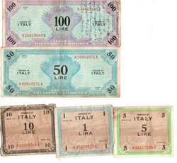ITALY SERIES 1943 - MILITARY PAYMENT - 1, 5, 10, 50, 100 LIRE  - WWII WW2 MPC