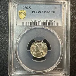 1936-S   MERCURY DIME PCGS MS 67-FB!--SEE STORE WW1-WW2 MEDALS   STERLING BADGES