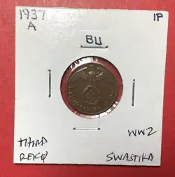 1937A GERMANY THIRD REICH SWASTIKA WORLD WAR 2! 1 PFENNIG! SWASTIKA! OLD COIN!