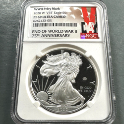 2020-W V75 PROOF SILVER EAGLE NGC PF69, ULTRA CAMEO, WW2 PRIVY MARK (80623)