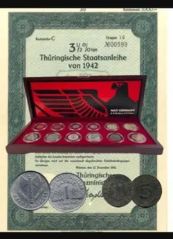 WW2 NAZI GERMANY: 12 COIN CERTIFIED BOXED COLLECTION & 1000 REICHSMARK BOND UNC