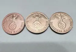 3 BEAUTIFUL NAZI GERMAN COINS  1 REICHSPFENNIG WW2 ERA AUTHENTIC RELICS