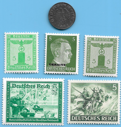 GERMANY WW2 1941 J 1 RPF SWASTIKA COIN & HITLER SWASTIKA STAMP LOT WW2 ERA  #52
