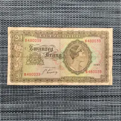 LUXEMBOURG 20 FRANCS BANKNOTE 1943 WWII ISSUE WW2 CURRENCY QUEEN PAPER MONEY