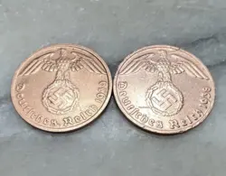 2 BEAUTIFUL NAZI GERMAN COINS  1 REICHSPFENNIG WW2 ERA AUTHENTIC RELICS