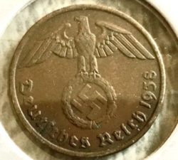 1938-A GERMAN 2 REICHSPFENNIG ,THIRD REICH GERMANY, KM #90