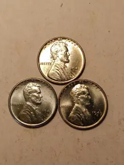COMPLETE SET OF THREE 1943 (P, D, & S) BRILLANT UNCIRCULATED WW 2 STEEL CENTS