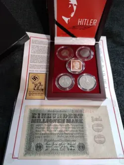*4* WW2 GERMAN COINS SILVER 2 & 5 REICHSMARK, HITLER STAMP, 100 MILLION MARK