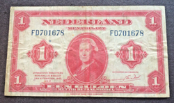 1943 WW2 NETHERLANDS GERMAN OCCUPATION 1 GULDEN BANKNOTE - QUEEN WILHELMINA