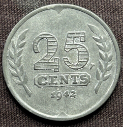 1942 NETHERLANDS 25 CENTS XF GERMAN OCCUPATION WW2 ZINC - FREE SHIPPING