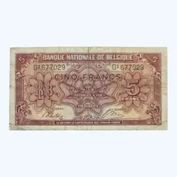 1943 BELGIUM 5 OLD BELGIAN FRANCS / 1 BELGA BANKNOTE FRANC WW2 PRE EURO /COIN