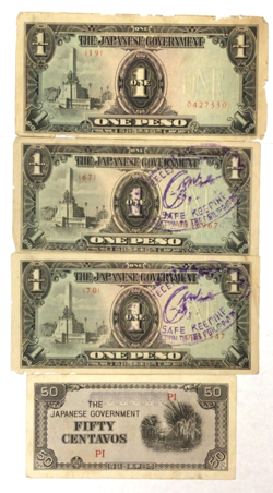 WW2 JAPANESE GOVERNMENT OCCUPATION OF PHILIPPINES 3 PESOS 1 CENTAVOS (139)