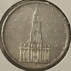1934 GERMANY 5 MARK SILVER COIN, POTSDAM CHURCH, THIRD REICH, WW2, AU WORLD COIN