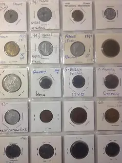 OLD WORLD COIN LOT 20 DIFFERENT CARDED COINS PAGE ALL WORLD WAR 2 LOT 3 OF 4