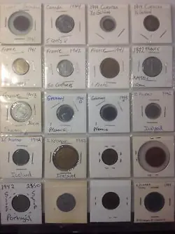 OLD WORLD COIN LOT 20 DIFFERENT CARDED COINS PAGE ALL WORLD WAR 2 WITH 2 SILVER