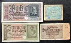 LOT OF 50,20,1,2 WW2 REICHSMARK NAZI GERMANY CURRENCY GERMAN BANKNOTES