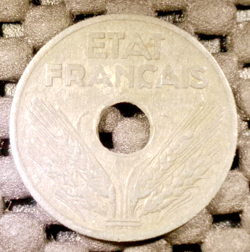 1941 WW2 FRENCH , 20 CENTIMES ZINC COIN, GERMAN CONTROLLED FRANCE , 20C (F58)